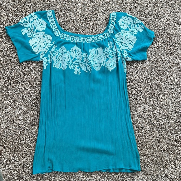 Off The Shoulder Turquoise Dress with White Stitching - Picture 5 of 5